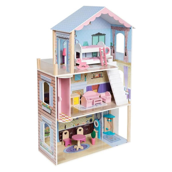Tall Pink Wooden Dollhouse – 3 Floors, Balcony & Furniture (115cm)